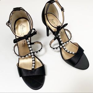 Badgley Mischka black satin and pearl heels 8.5